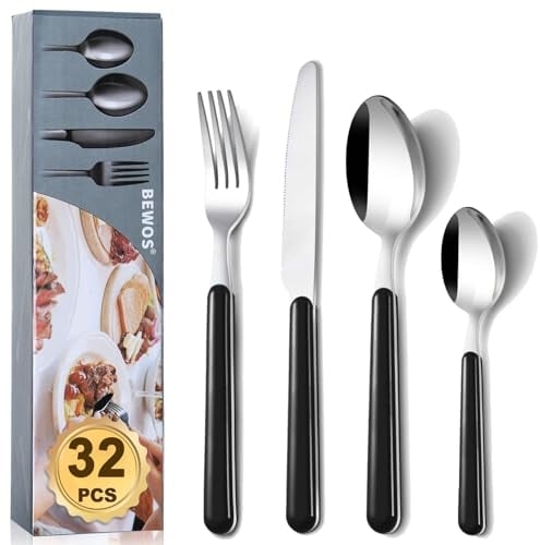 BEWOS 32 Piece Cutlery Set, Service for 8, Kitchen Cutlery Sets,Black Forks Knives and Spoons Set, Stainless Steel Flatware Serving Set for Home, Party