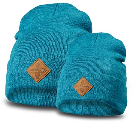 Soulbuddy Beanie - 2er Set Petrol Melange | Partnerlook-Set | 1 Herren oder Damen Wintermütze (One Size - 54-62 cm) und 1 Kinder Strickmütze (Größe M - 45-49 cm)