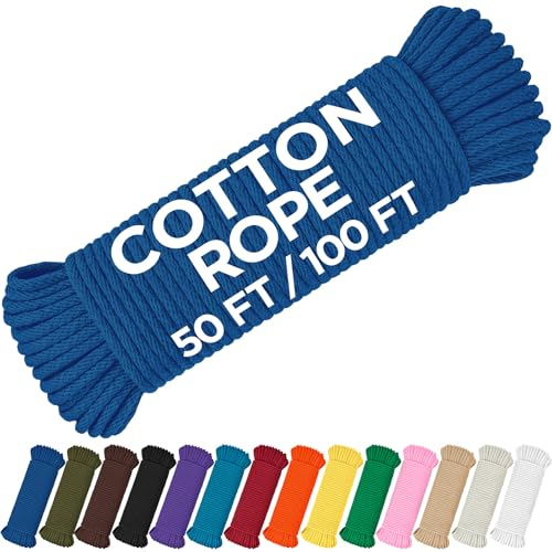 TECEUM Cotton Rope 3/16” (5 mm) – 50 FT – Strong All-Purpose Braided Rope – Natural Cotton – For Crafting, Сamping, Clothes Line, DIY, Indoor & Outdoor Use – Blue