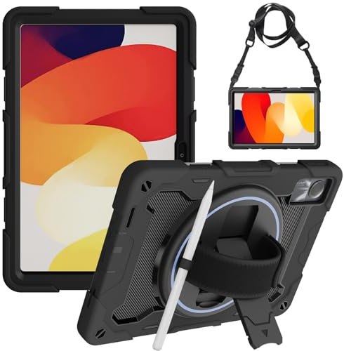 zenrich Coque Antichoc pour Xiaomi Redmi Pad SE 11 Pouces 2023, Étui de Protection Robuste Silicone Armure avec Support Rotative à 360°, Porte-Stylet, Dragonne et Bandoulière pour Redmi Pad SE - Noir