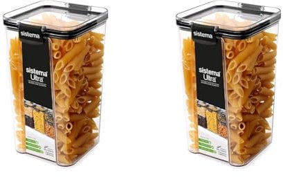 Sistema Ultra Tritan Airtight Pantry Storage Container | 1.3 Litre Square Food Storage Container | Stackable | with Locking Clips | BPA-Free | Clear with Black Accents (Pack of 2)