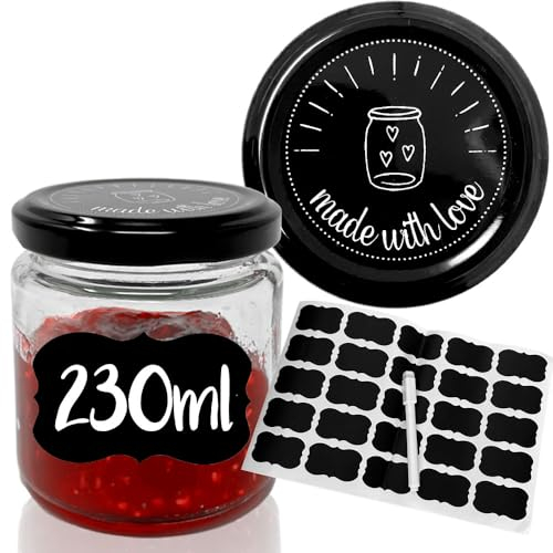 25x 230ml Marmeladengläser made with love - inkl. wiederverwendbaren Etiketten & abwischbarem Stift - Einmachgläser ideal zum Verschenken
