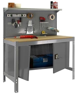 SimonRack Werkbank Werkstattbank, Tragkraft 600 kg, 1445 x 1210 x 610 mm, Arbeitstisch, Werkzeugaufbewahrung, Grau/Holz - BT3