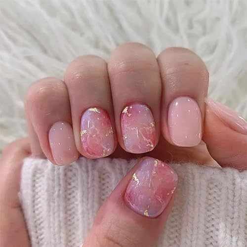 Angwis 24pcs Short Square False Nails Nude Pink Ombre Press on Nails Gold Foil Stick on Nails Acrylic False Nails Removable Glue-on Nails Full Cover Fake Nails Women Brides Nail Art Accessories