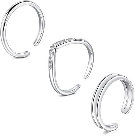 WillTen 3Pcs Bague d'orteil en argent en acier inoxydable ajustable Bend Open Toe Ring, Bague d'orteil fine en CZ pour doigt de pied, pour femmes et hommes, pour la plage en été