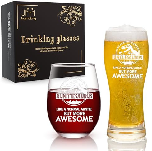 Joymaking Antiesaurus & Unclesaurus 15oz Christmas Drinking Glass for Auntie and Uncle