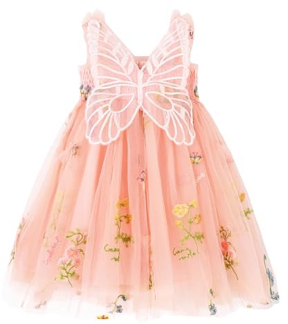 Miipat Robe Bébé Fille Tulle Papillon Jeune Enfant Fille sans Manches Brodé Fleur Princesse Robe Fête de Mariage Robes d'anniversaire pour Filles Orange Rose 73 9-12 Mois