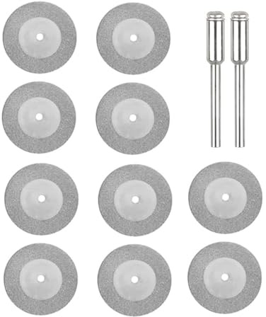 MiJunHD 10PCS 20mm Diamond Cutting Discs & 2PCS 3mm Shank Mandrel, Rotary Tool Diamond Cutting Wheel Kit for Metal Tile Wood Glass Marble Plastic Jade (Cutting Blade without Holes)