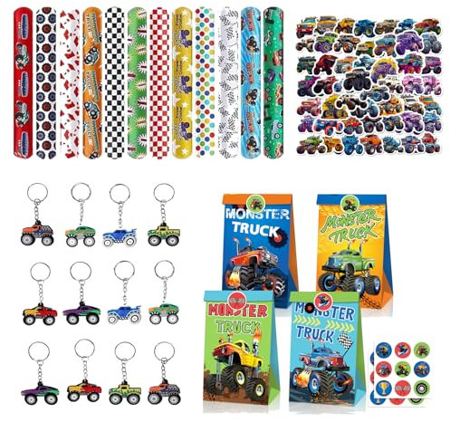 86 Stück Monster Truck kindergeburtstag Party Mitgebsel, Rennauto Party Geschenke,Monstertruck Geburtstag Set mit Truck Geschenktüten Schlüsselanhänger Slap Armbänder Aufkleber,für Racing Car deko