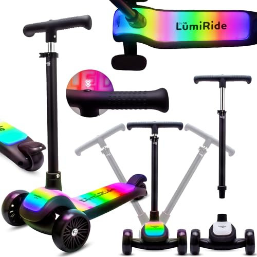 LUMI Ride Kinderroller 3 Räder Balance LED Schwarz 3+, Klappbar, Höhenverstellbarer Lenker, Fußbremse, Rutschfestes Trittbrett, Abnehmbarer Lenker