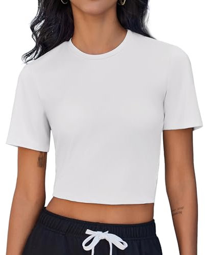 Weardear Sportshirt Damen Kurzarmshirt Rundhals Laufshirt Slim Fit Funktionsshirt Sommer Yoga Shirt Fitness Crop Top Atmungsaktiv Gym Oberteil Weiß S