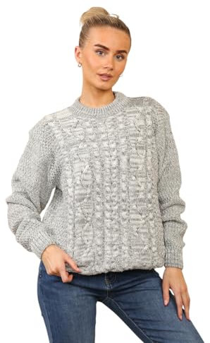 MyShoeStore Ladies Knitted Cable Knit Jumpers Womens Crew Neck Casual Lightweight Fisherman Baggy Oversize Chunky Vintage Long Sleeve Pullover Warm Winter Sweaters Tops (Grey, M/L)