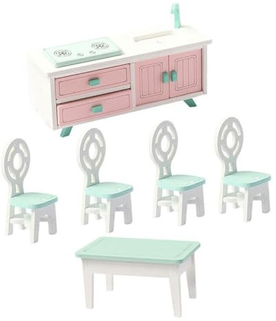 ORFOFE Puppenhaus öbel Set Miniatur Esszimmer Einrichtung Mit Tisch 4 Kleinen Holzstühlen & Waschbecken Für Kreatives Rollenspiel Und Fantasievolles