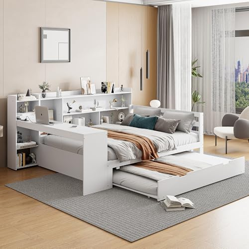 Doppelbett 140x200 cm Daybett mit Ausziehbett, Tagesbett mit Schreibtisch & Bücherregal & Stauschrank, Kinderbett mit Steckdose und Lattenrost, Holzbett Jugendbett Funktionsbett, Ohne Matratze, Weiß
