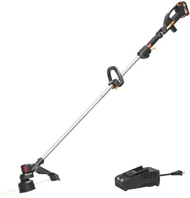 WORX Cordless String Trimmer, 20V 13''-15'' Weed Wracker with Brushless Motor 2.0, 21 cc Gas Equivalent, Quick-Line Reloading, Includes 20V 5.0 Ah PowerShare Pro Battery and Charger, PowerShare