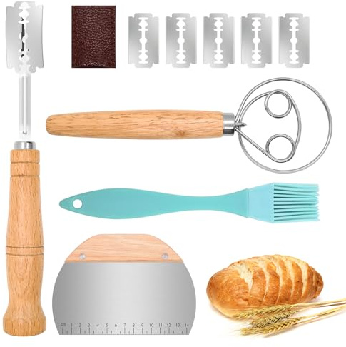 Mispudin Bread Lame Cutter Set of 4, Sourdough Scoring Blade, Bread Razor | Protective Cover, 5 Replaceable Blades, 10 Inch Dough Whisk, Dough Cutter, Pastry Brush, for Home Sourdough Making