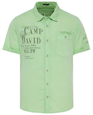 Camp David Herren Leichtes Kurzarmhemd mit Artworks und Brusttasche Green Lemon, M