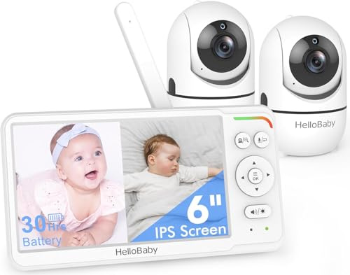 HelloBaby Video-Babyphone, 6 Zoll geteilter Bildschirm mit 2 kameras und 4000 mAh, Kabelgebundene Kamera, Pan-Tilt-Zoom Babyphone mit Kamera und Audio, Nachtsicht, ECO, 2-Wege-Audio, 8 Schlaflieder