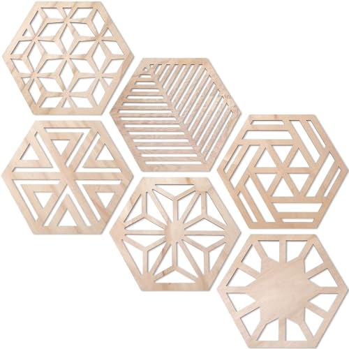 Ripeng 6 Pcs Hexagon Wall Decor Wood Geometric Panels, 6 Style | 11.8 Inch Carved Design, Farmhouse Wall Art for Living Room Bedroom, Lightweight Wood Abstract Geometric Honeycomb Accents