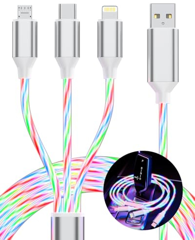 3 in 1 Light UP Multi Charger Cable, LED Charging Cable for Multi Devices, RGB Flowing Glowing Fast Charger Cord with Lightn-ing/Type C/Micro USB for iPhone & iPad, Galaxy & Note, Android (1.2m/4ft)