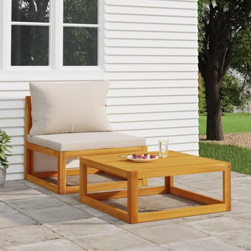 IBUQDDV 2-TLG. Garten-Sofa-Set mit Kissen aus Massivholz Akazie und Beistelltisch, Modulares Lounge-Set für Terrasse und Balkon, Wetterbeständige Gartenmöbel mit Polsterung, Robustes