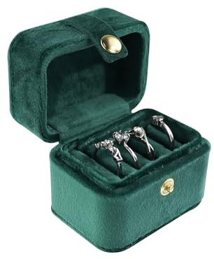 AfitLulu Ringbox Mini Ringschatulle Reisen Ring Aufbewahrung Pu-Leder Ringkästchen mit 4-Ringschlitze, Schmuckkästchen Ringe Tragbar Ring Schachtel für Reisen Geschäftsreisen (Samt-Grün)