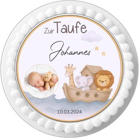 Tortenaufleger zur Taufe, Personalisiert mit Name und Datum, Arche Noah Motiv, Rund 20 cm, Essbar, Zuckerpapier
