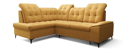 O-Sofa Ecksofa Kongo RBN16, Eckcouch in L-Form mit Schlaffunktion, Farbe: Gelb, Velourstoff, Ottomane Links