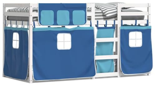 mtlskopl Etagenbett mit Vorhängen 80x200 cm Weiß Kiefer Massivholz Blau Blickdicht Vorhang Set Rausfallschutz Leiter Platzsparendes Kinderbett ab 6 Jahren für Schlafzimmer und Gästezimmer
