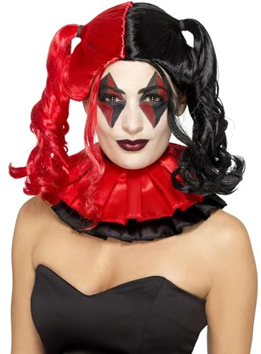 Smiffys Twisted Harlequin Wig, Black & Red with Bunches, Halloween Cirque Sinister Fancy Dress, Halloween Dress Up Wigs