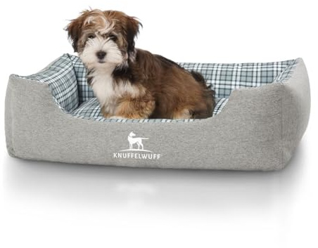 Knuffelwuff Hundebett Lennard aus Velours mit Karomuster M-L 85 x 63cm Grau/Grün - Abnehmbarer Bezug - waschbar - für große, mittelgroße und kleine Hunde