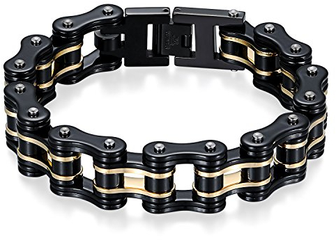 JewelryWe Schmuck Herren Biker Kette Armband, Groß Schwer Zwei Töne Hochglanz Poliert Fahrradkette Motorradkette Armkette Armreif aus Edelstahl, Schwarz Gold