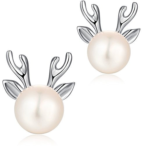 Deer Earrings 925 Sterling Silver Deer Antler Stud Earrings with Pearl Reindeer Horn Ear Studs Christmas Jewellery Gifts for Women