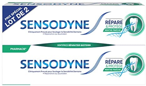 Sensodyne Dentifrice Répare & Protège, Pour les Dents Sensibles, Apporte une Protection Longue Durée, Menthe Fraîche, Lot de 2x75ml