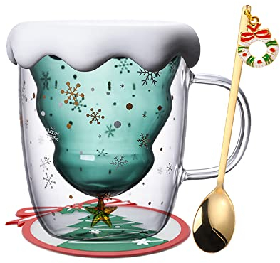 Cadeau Noel Tasse, Cadeau Femme, Mug Noel, Verre Noel Tasse de café Double paroi Coupe en Verre Sapin de Noël Tasses en Verre Isolant avec poignée idee ca Tasse Noël deau noel Maman Amie Soeur