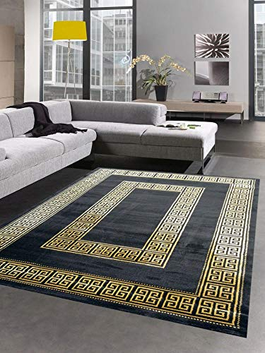 CARPETIA Teppich Wohnzimmer mit Bordüre Mäander Muster schwarz Gold Größe 200 x 290 cm