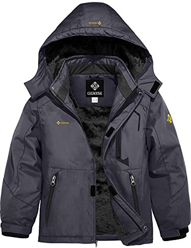 GEMYSE Veste de Ski Enfant Garçon Blouson Hiver Chaud avec Capuche Imperméable Coupe-Vent et Doublure Polaire(01Gris Fer,116-122)