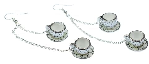 Miniblings 2er Tassen Teetasse Ohrringe Hänger Kaffee Tee Porzellan Punkte grün - Handmade Modeschmuck I Ohrhänger Ohrschmuck versilbert