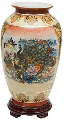 Oriental Furniture Satsuma Vase Tung Chi en Porcelaine Motif Paon Multicolore 35,6 cm