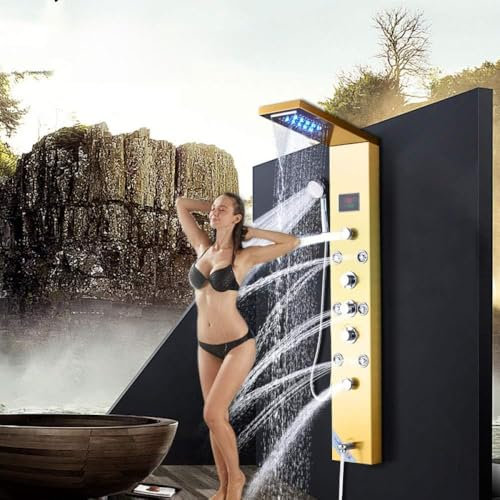 Huin Colonne de panneau de douche numérique Nickel or LED pluie cascade douche Massage SPA Jets bec de baignoire 3 poignées mitigeur numérique-d'or
