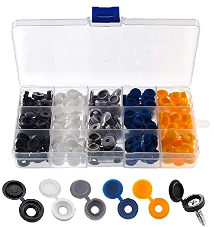 YIXISI 150 Stücke Klappschraube Abdeckkappen aus Kunststoff, Scharnier-Schraubenkappen für Nummer 6/8 Schrauben, mit Aufbewahrungsbox, für Möbel, Kleiderschrank, Weiß/Schwarz/Grau/Blau/Gelb