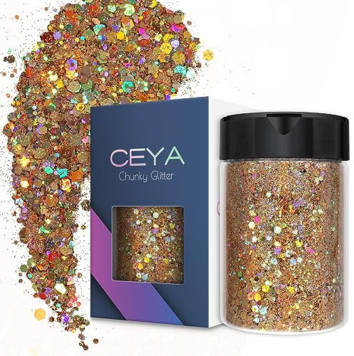 Ceya Holographic Chunky Glitter, 4.9oz/ 140g Gold Craft Glitter Powder Mixed Chunky & Fine Flakes Iridescent Nail Sequins for Nail Art, Hair, Epoxy Resin, Tumblers, Slime, Painting, Festival Decor