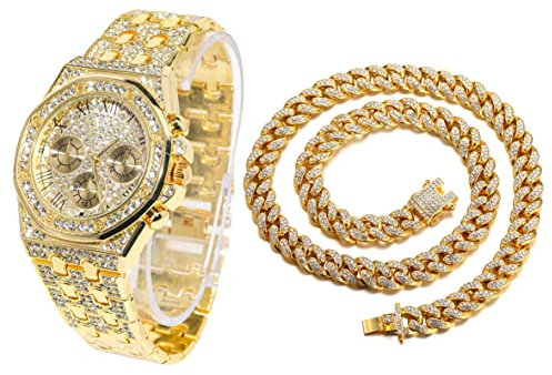 Halukakah Diamant Golduhr, Herren 18K Echt Vergoldet 40MM Breite Römische Zahlen Wählen Quarz Armband 22cm mit Kubanischer Link Kette 45cm Halskette Set, mit Geschenkbox
