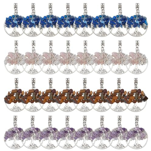 SUPERFINDINGS 32 Stück 4 Stil Lebensbaum Anhänger Charms Edelstein Chakra Kristall Quarz Anhänger Flach Rund Mit Baum Heilzauber Für Die Schmuckherstellung Bohrung: 4mm