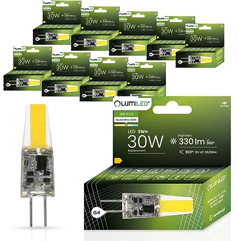 Lumiled LED Lampen G4 10er Set Leuchtmittel 3W (ersetzt 30W Glühlampe) 4000K Neutralweiß 330lm 360° Lichtwinkel 12V AC/DC Mini Glühbirnen kleine Birne Energiesparende kein Flackern COB