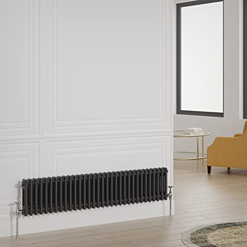 Warmehaus Traditional Radiator Double Column Black Horizontal Cast Iron Style Central Heating Radiator - 300x1460mm