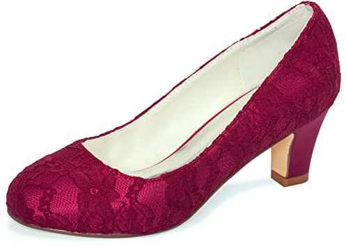 Emily Bridal 1505-1 Women's Wedding Shoes Closed Toe 2.56 Inches Chunky Heel Lace Satin Pumps Bridal Shoes (EU40/UK7, Burgundy)
