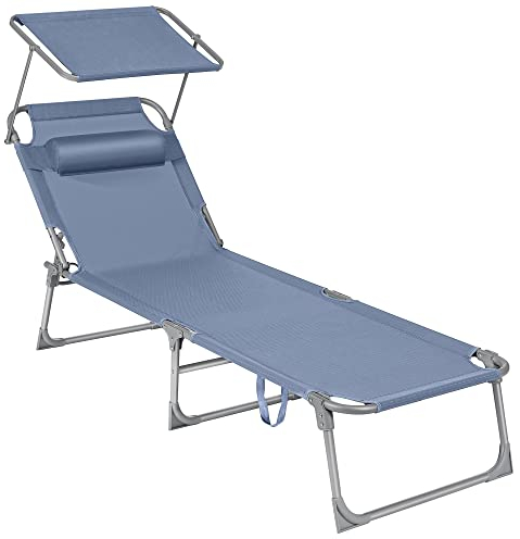 SONGMICS Sonnenliege, klappbarer Liegestuhl, 193 x 53 x 29 cm, trägt bis zu 150 kg, Sonnenschutz, Kopfkissen, verstellbare Rückenlehne, für Garten, Pool, Terrasse, blau GCB192Q01