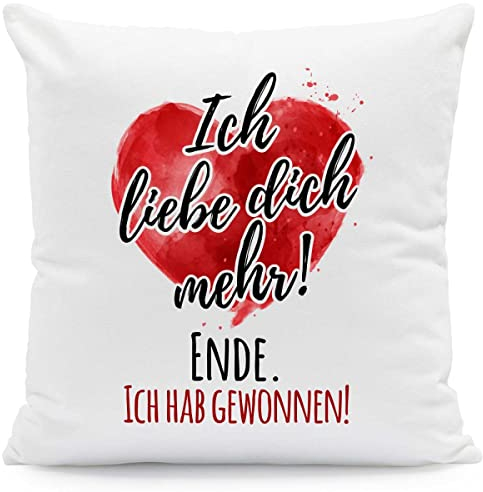 GRAVURZEILE Kissen mit Spruch - Ich Liebe Dich mehr - Witziges Design - Lustige Geschenke für Paare - Liebeskissen - 40x40 cm - Geschenk für Sie & Ihn zum Valentinstag - Valentinstagsgeschenk