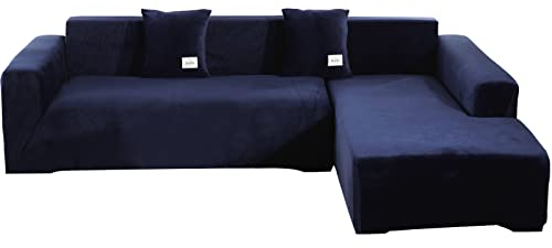 ele ELEOPTION Sofa Überzug Samt Stretch Sofabezug 2er Set 3 Sitzer Verdickung Couchbezug für L Form Sofa Ecksofa inkl. 4 Stücke Kissenbezug (pur Dunkelblau)